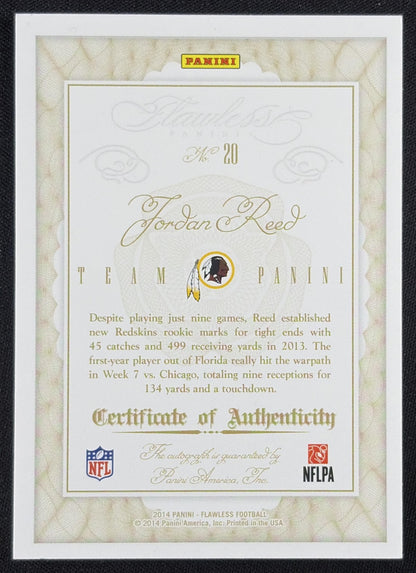 Jordan Reed 2014 Panini Flawless Team Auto Gold /10 Redskins Sports Trading Card