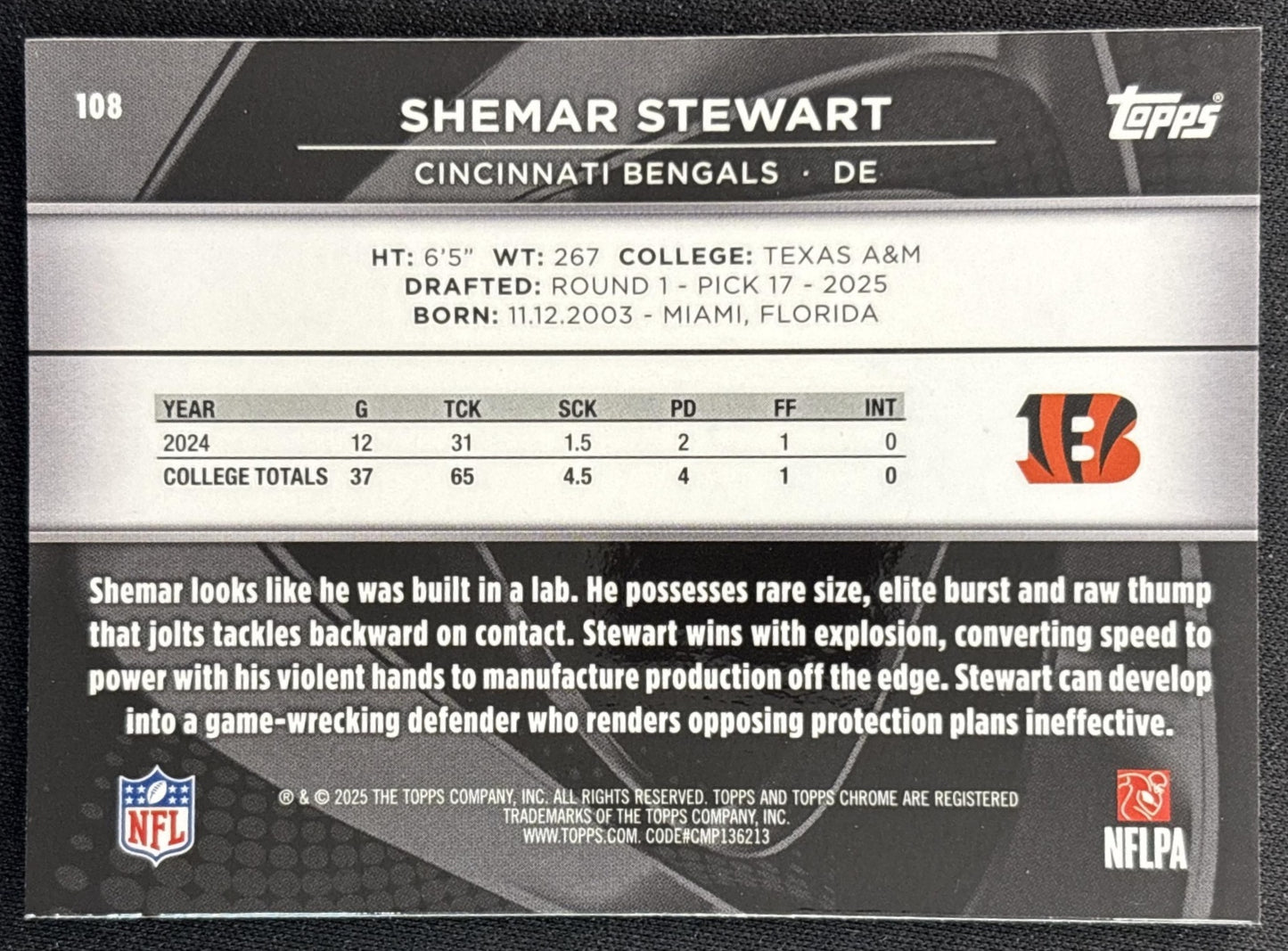 Shemar Stewart 2025 Topps Chrome Black Bengals back