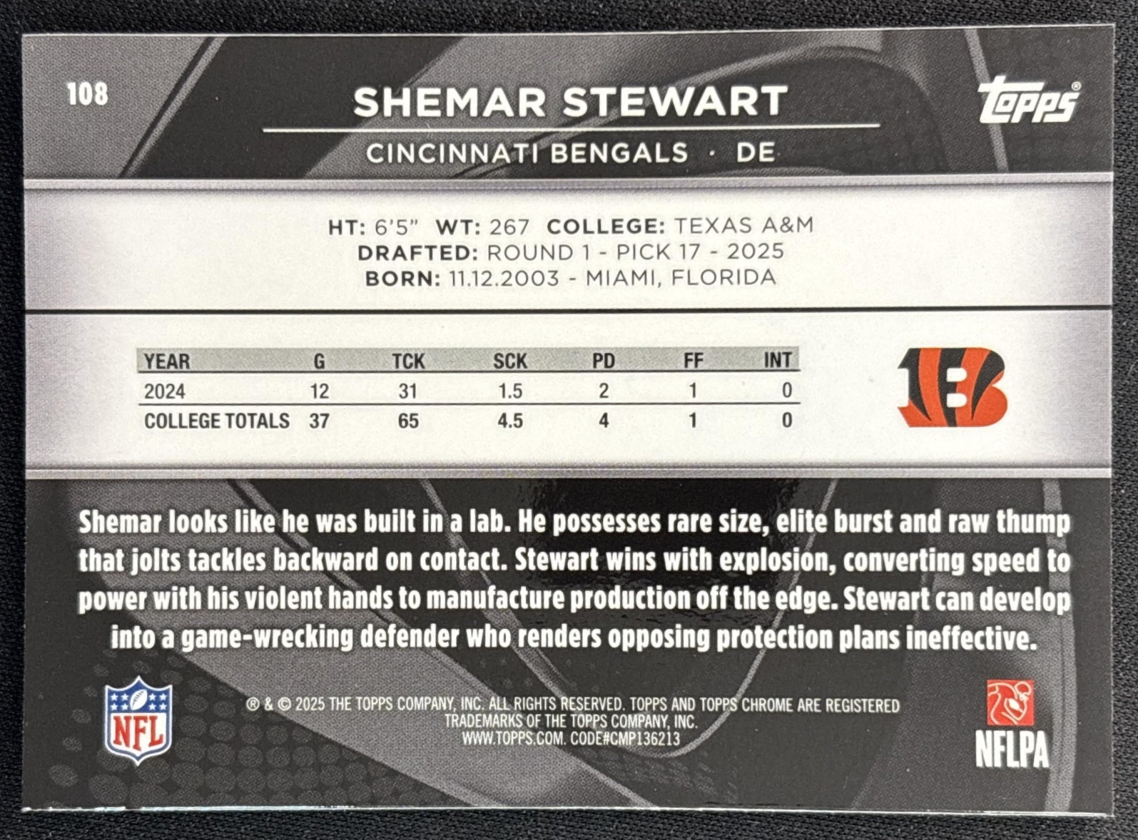 Shemar Stewart 2025 Topps Chrome Black Bengals back