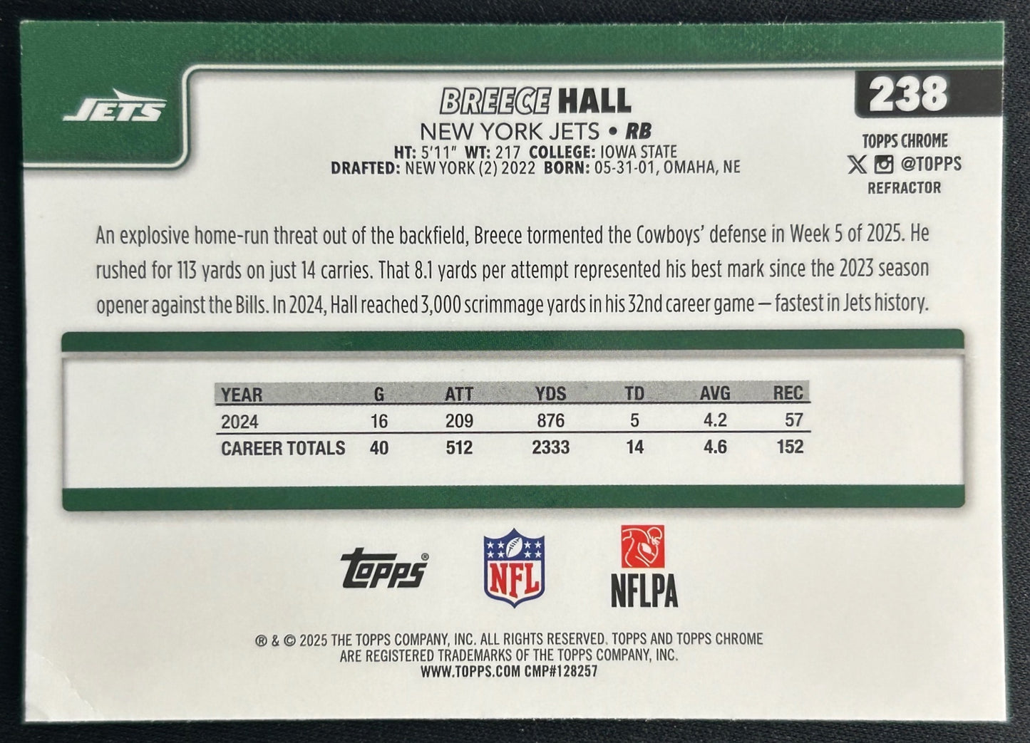 Breece Hall 2025 Topps Chrome Refractor Jets Sports Trading Cards