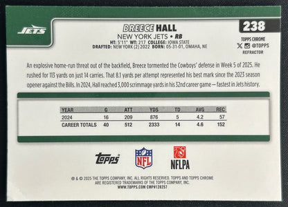 Breece Hall 2025 Topps Chrome Refractor Jets Sports Trading Cards