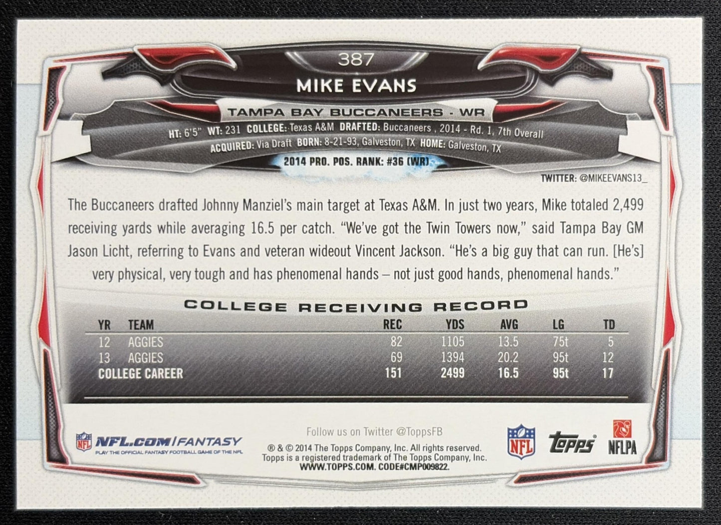 Mike Evans 2014 Topps Buccaneers back