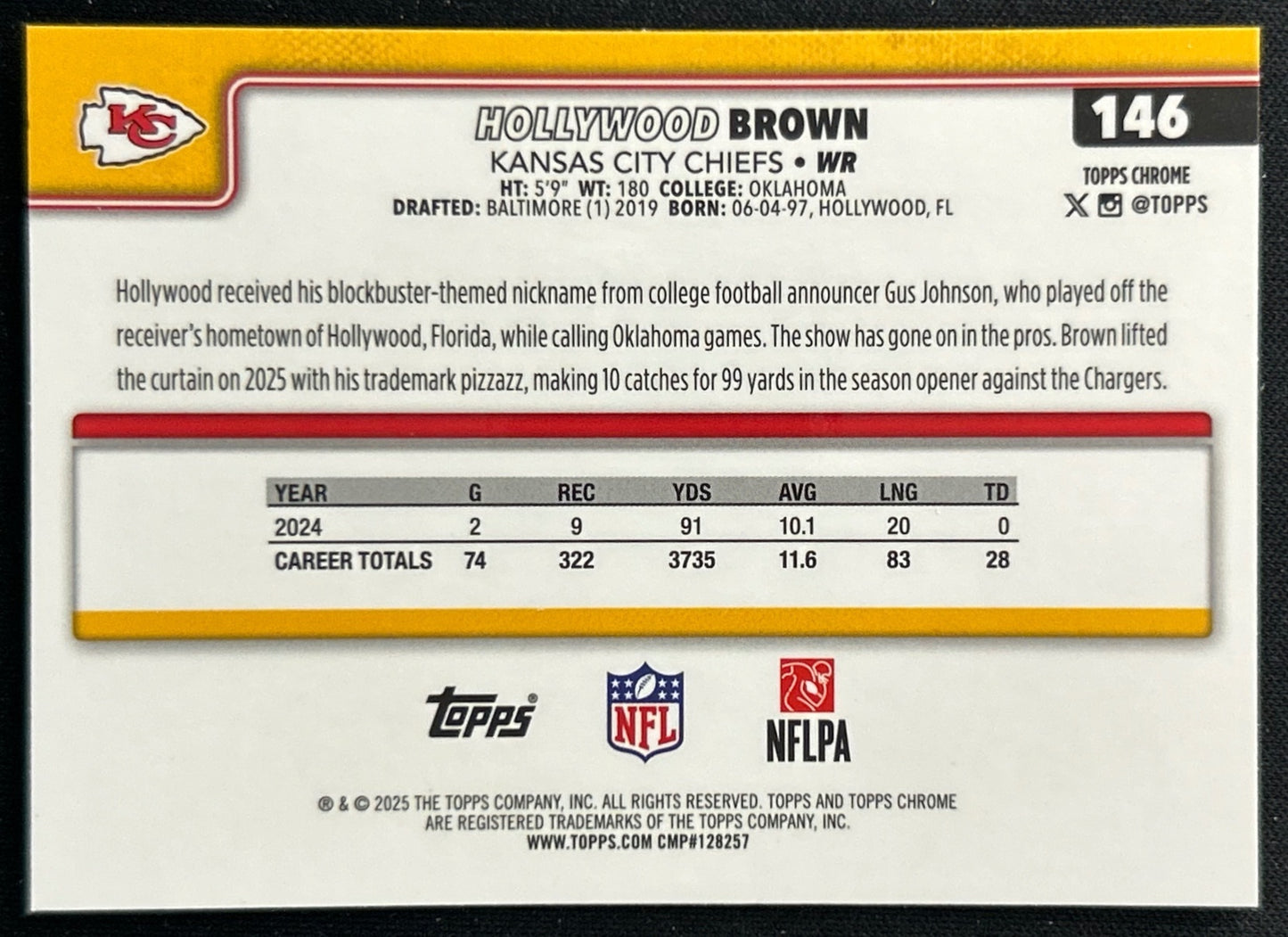 Hollywood Brown 2025 Topps Chrome Chiefs Sports Trading Cards