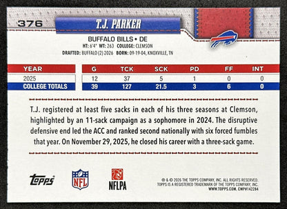 T.J. Parker 2026 Topps Flagship Rookie Bills Sports Trading Cards