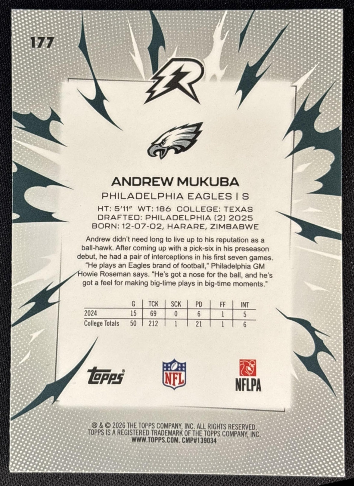 Andrew Mukuba 2025 Topps Resurgence Eagles Sports Trading Cards