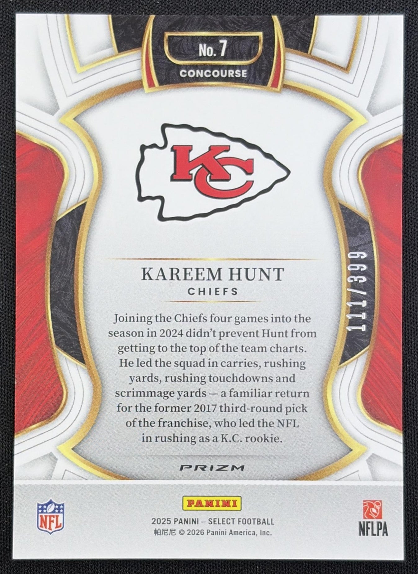 Kareem Hunt 2025 Panini Select Concourse Tri-Color Prizm /399 Chiefs