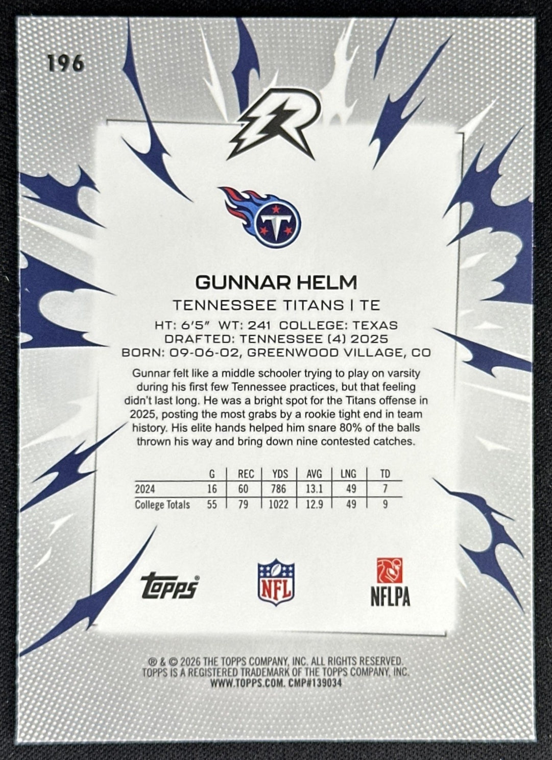 Gunnar Helm 2025 Topps Resurgence Titans