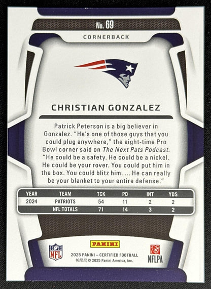 Christian Gonzalez 2025 Panini Certified Mirror /399 Patriots