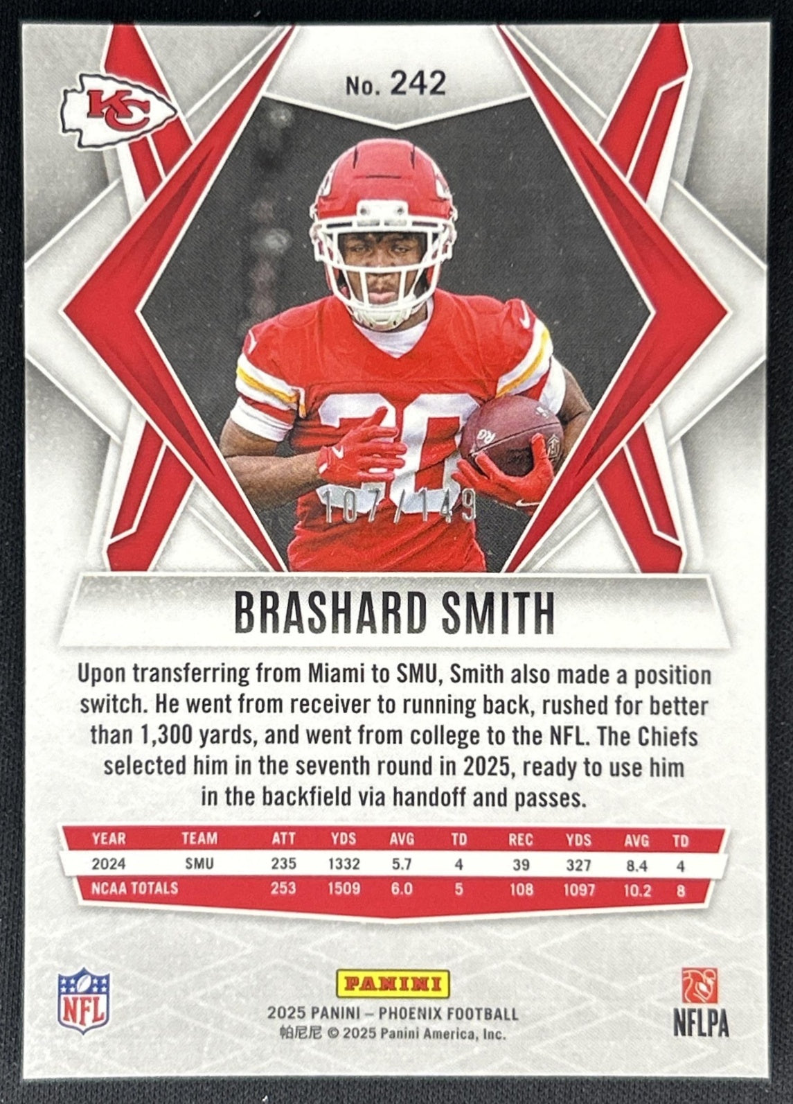 Brashard Smith 2025 Panini Phoenix Green Winter Prizm /149 Chiefs back