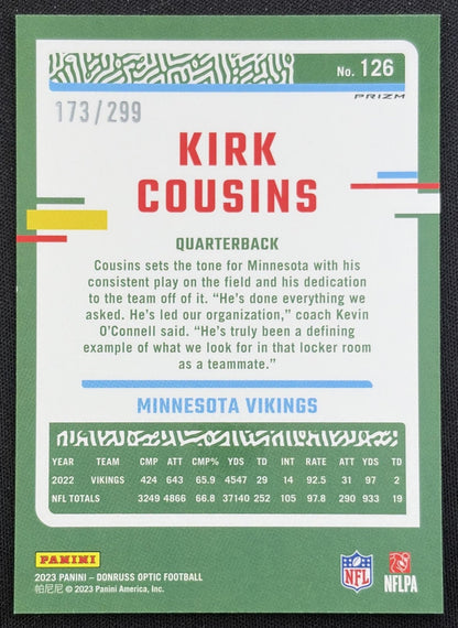 Kirk Cousins 2023 Panini Donruss Optic Aqua Prizm /299 Vikings