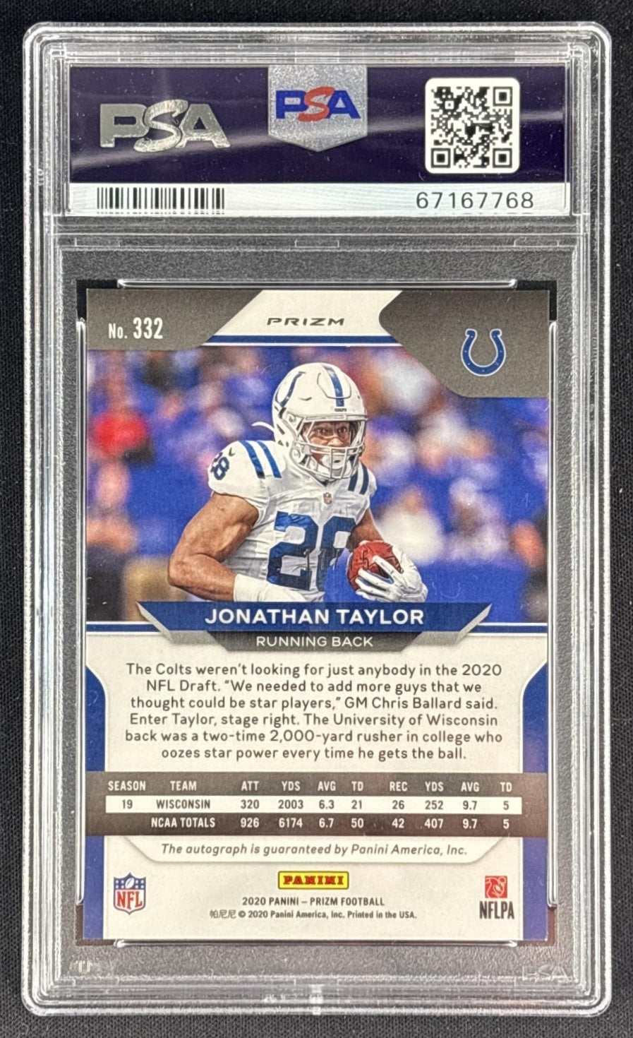 Jonathan Taylor 2020 Panini Prizm Rookie Auto Neon Green Pulsar PSA 9 Auto 10 Colts back