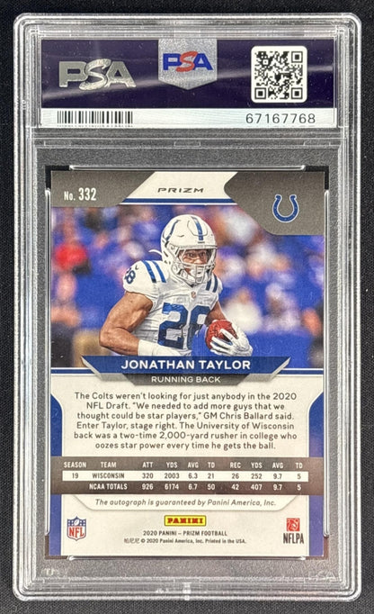 Jonathan Taylor 2020 Panini Prizm Rookie Auto Neon Green Pulsar PSA 9 Auto 10 Colts back