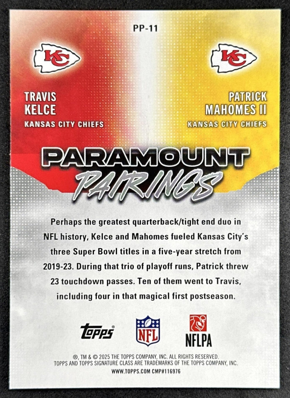 Patrick Mahomes II Travis Kelce 2025 Signature Class Paramount Pairings Chiefs back