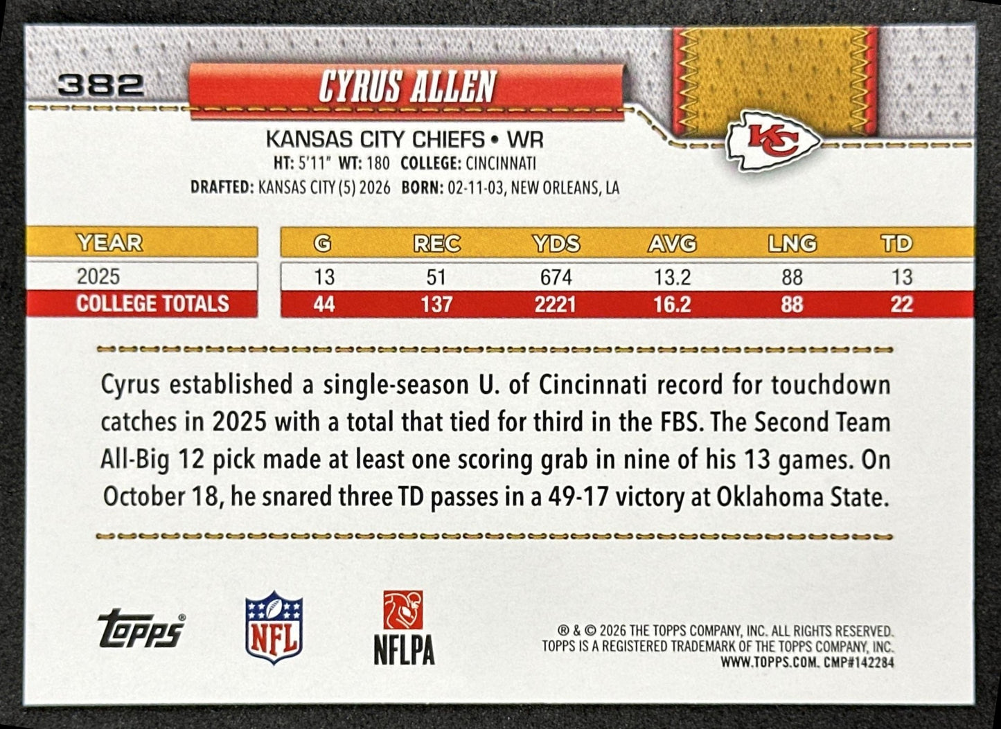 Cyrus Allen 2026 Topps Flagship Rookie Chiefs Sports Trading Cards