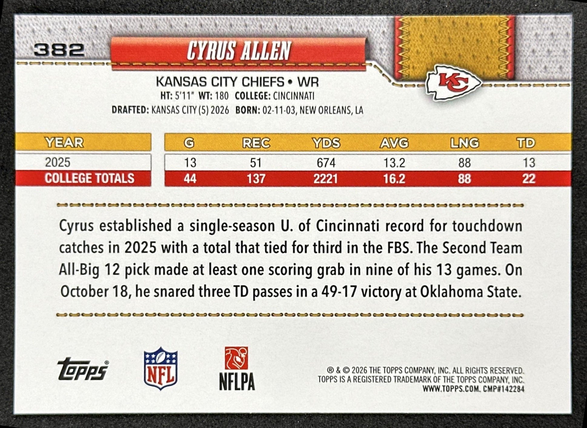 Cyrus Allen 2026 Topps Flagship Rookie Chiefs Sports Trading Cards