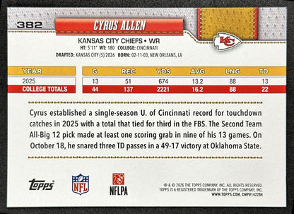 Cyrus Allen 2026 Topps Flagship Rookie Chiefs Sports Trading Cards