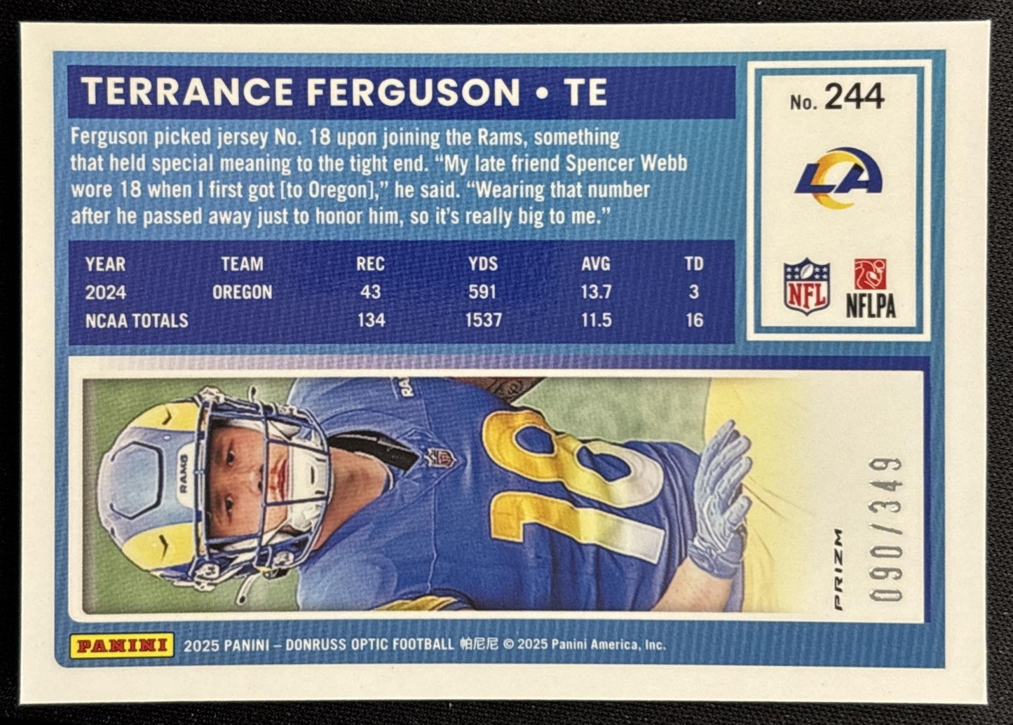 Terrance Ferguson 2025 Panini Donruss Optic Rated Rookie Aqua Prizm /349 Rams Sports Trading Cards