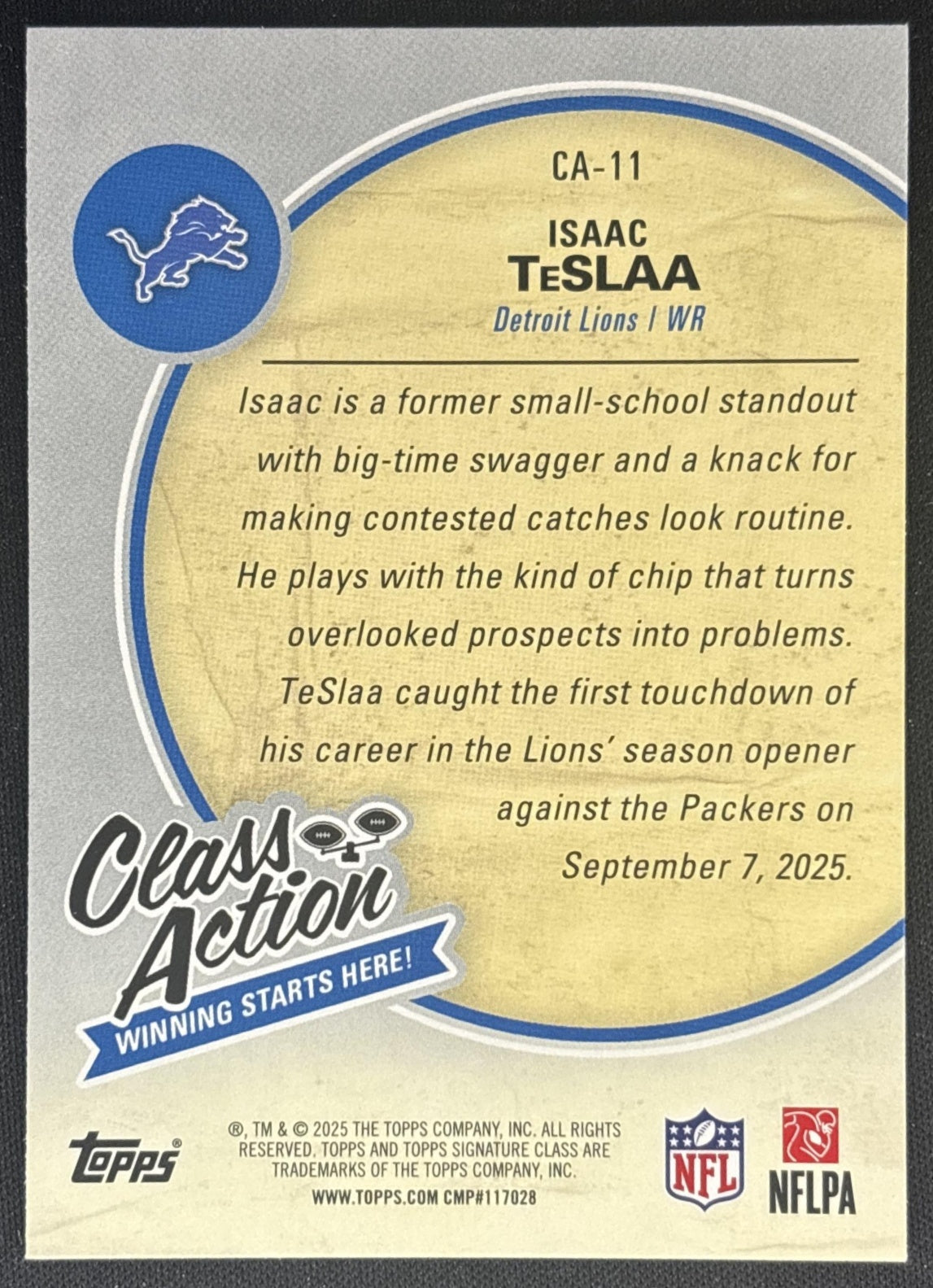 Isaac TeSlaa 2025 Topps Signature Class Action Lions back