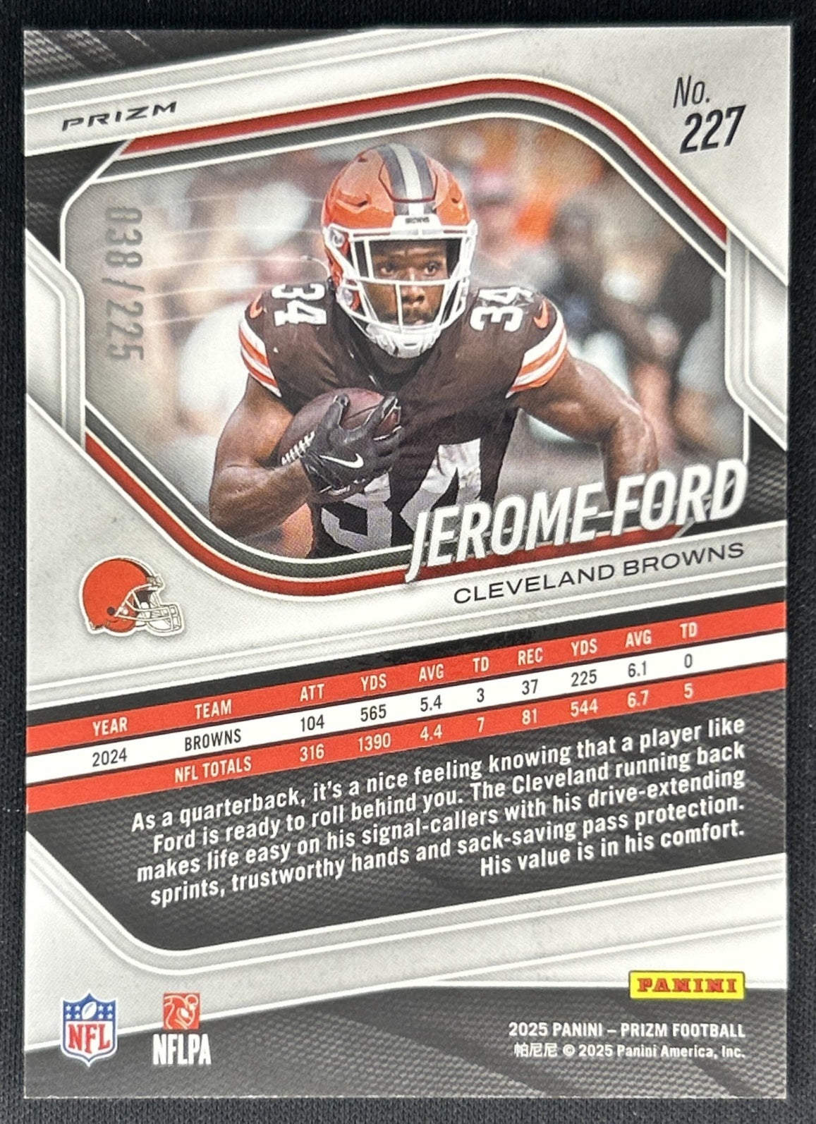 Jerome Ford 2025 Panini Prizm Purple Ice /225 Browns Back