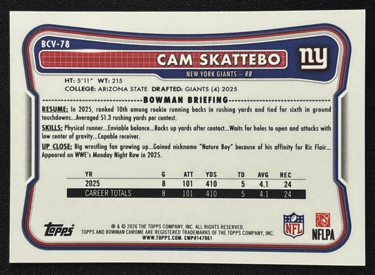 Cam Skattebo 2026 Bowman Chrome NFL Aqua Mojo Refractor /199 Giants - Back