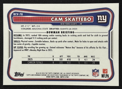 Cam Skattebo 2026 Bowman Chrome NFL Aqua Mojo Refractor /199 Giants - Back