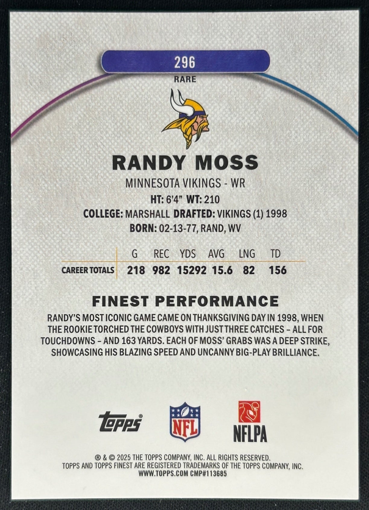 2025 topps rare cards Randy Moss 2025 Topps Finest Rare Orange Refractor