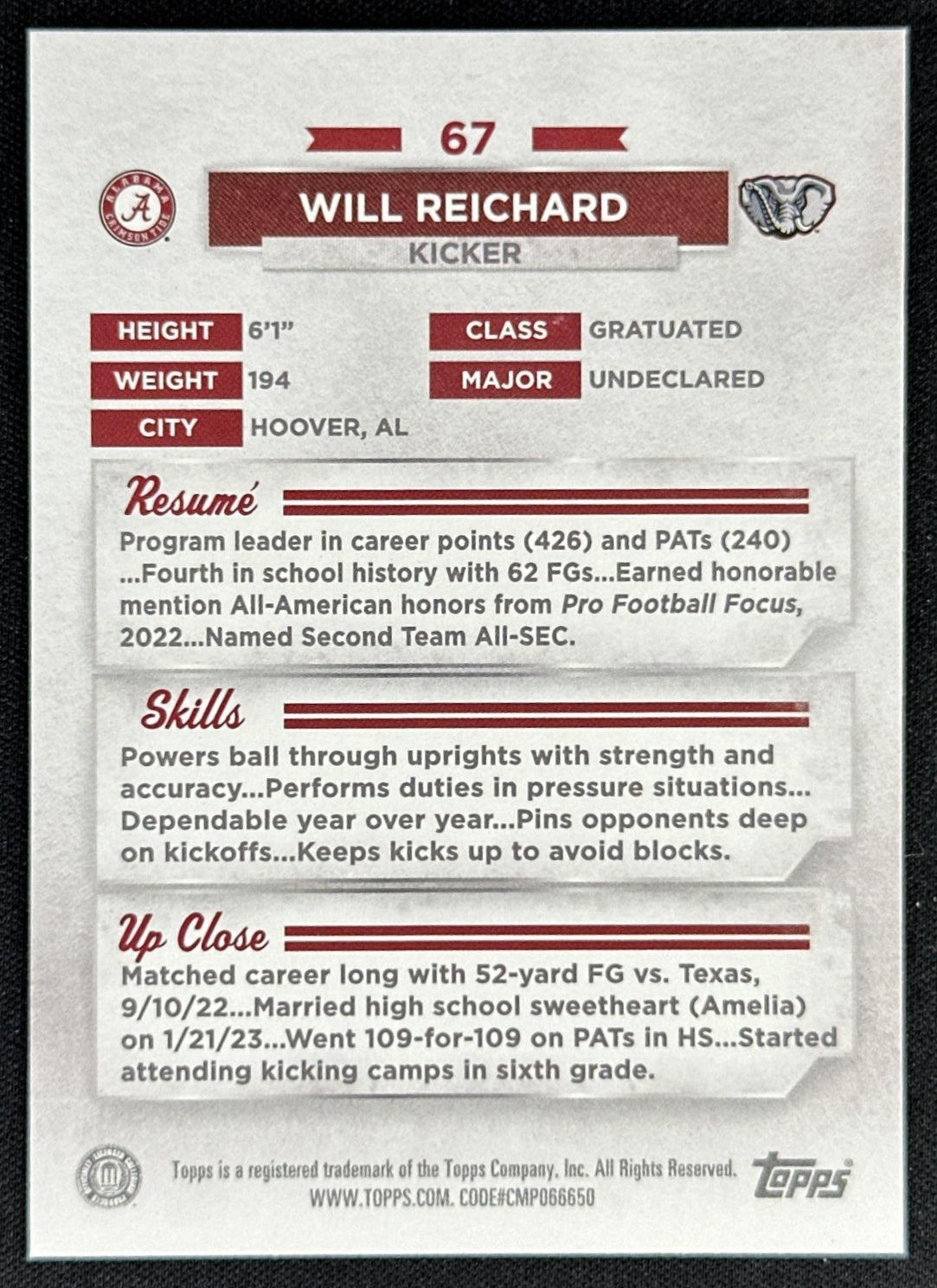 Will Reichard 2023 Bowman University Alabama Crimson Tide Gold Foil /50