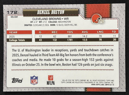 Denzel Boston 2026 Topps Holiday Chrome Refractor Browns Sports Trading Card