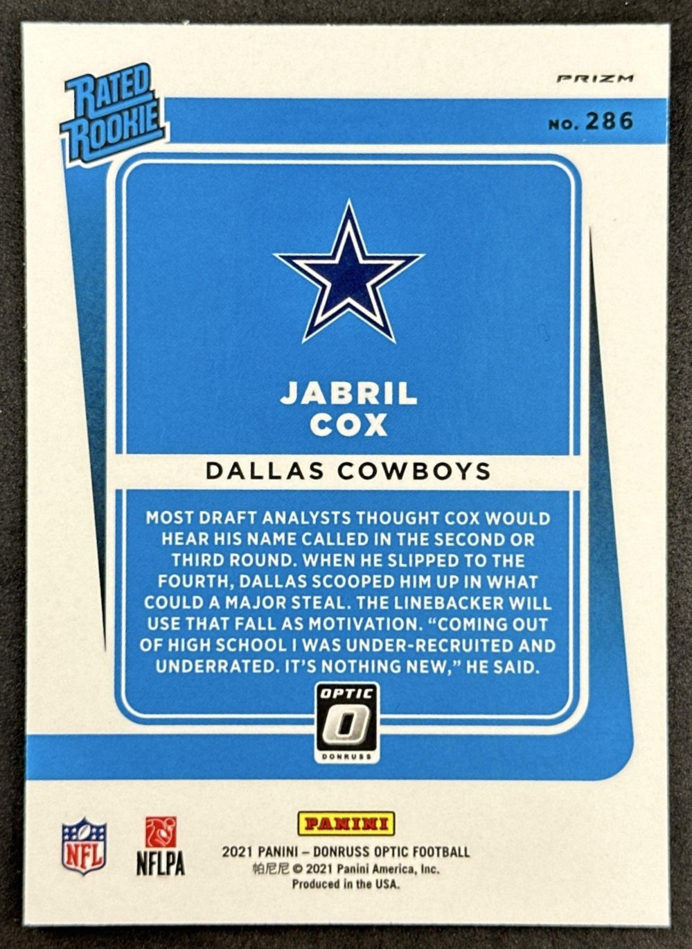 Jabril Cox 2021 Panini Donruss Optic Purple Shock Cowboys back sports trading card