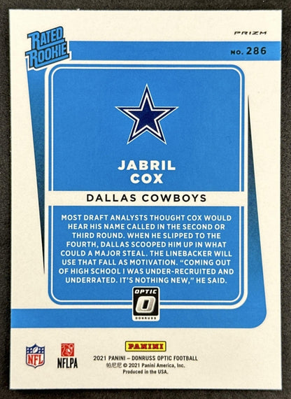 Jabril Cox 2021 Panini Donruss Optic Purple Shock Cowboys back sports trading card