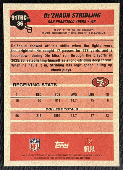 De'Zhaun Stribling 2026 Topps 1991 Chrome Rookie Mojo Refractor 49ers - back