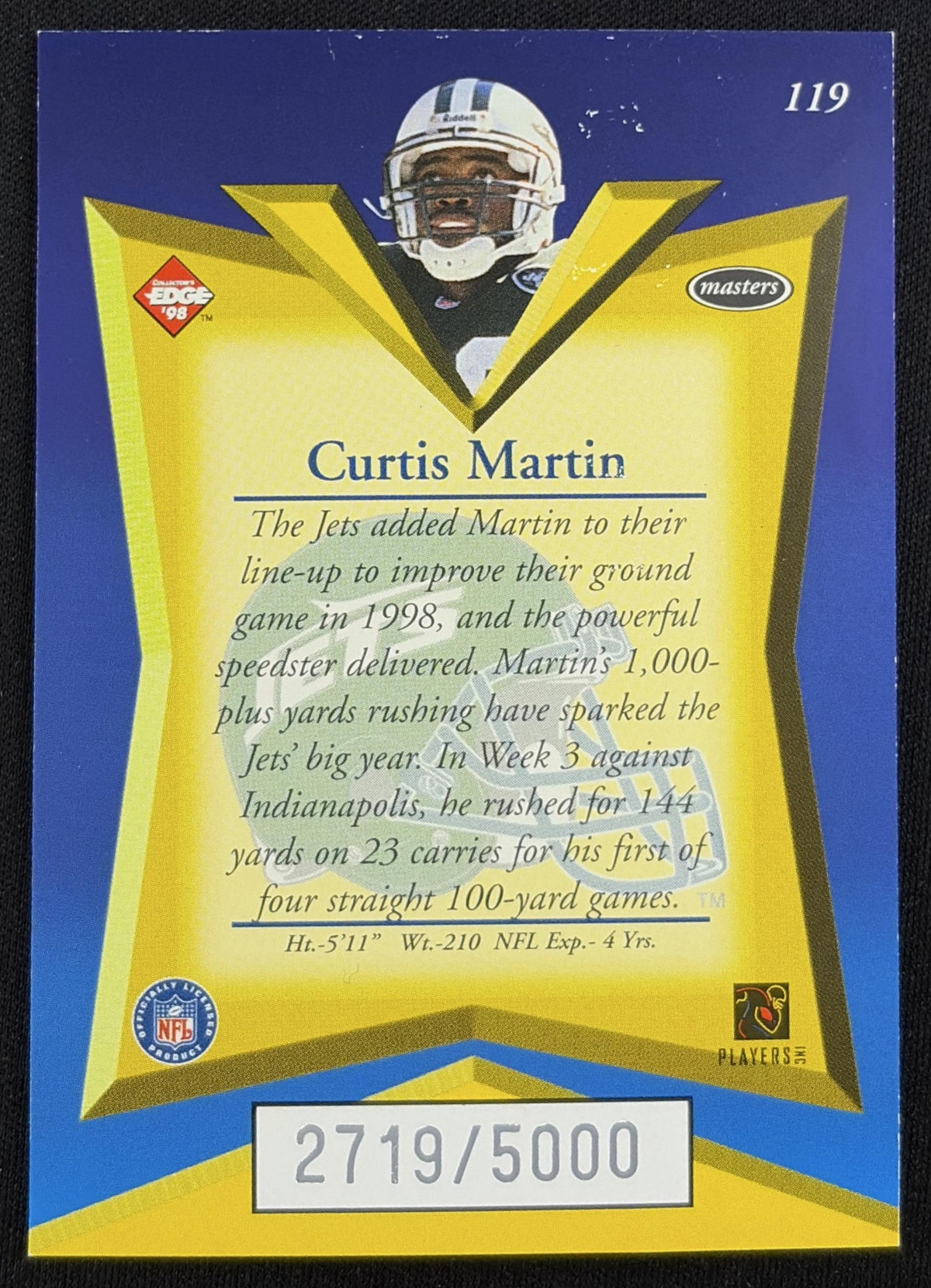 Curtis Martin 1998 Collector's Edge Masters /5000 Jets RB sports trading card back