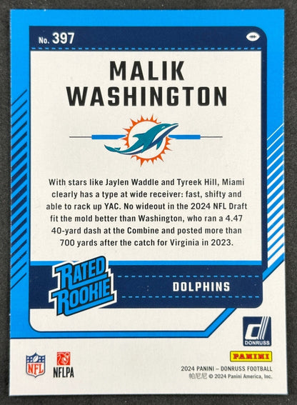 Malik Washington 2024 Donruss Rated Rookie Dolphins Sports Trading Cards