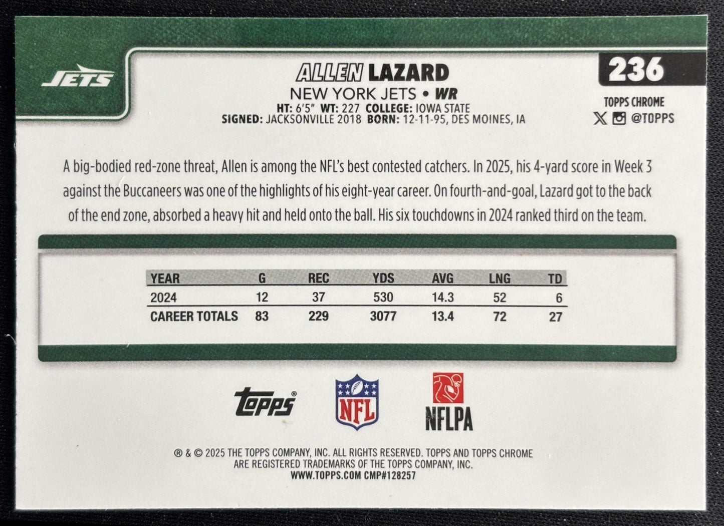 Allen Lazard 2025 Topps Chrome Pulsar Refractor Jets Sports Trading Cards