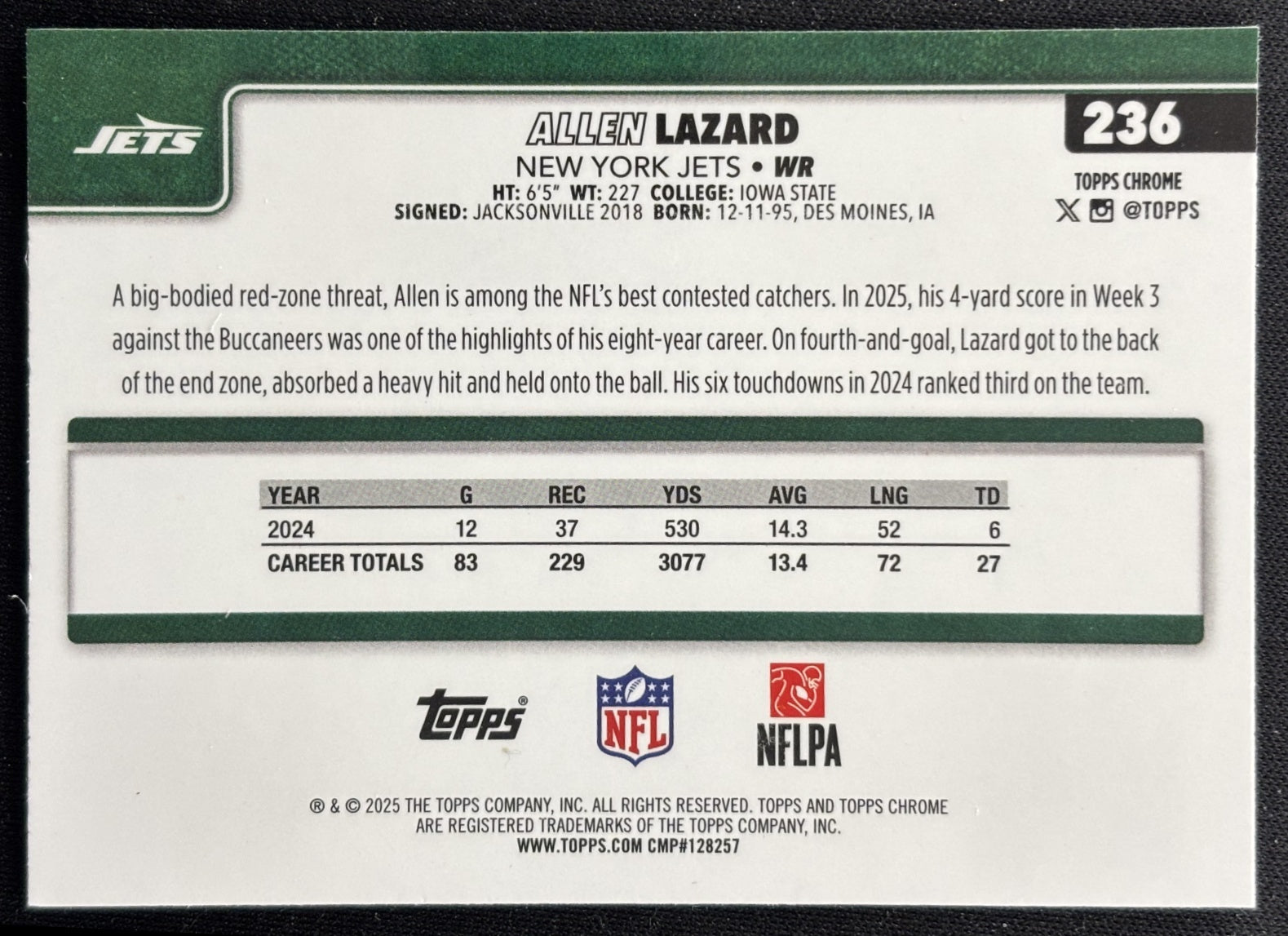 Allen Lazard 2025 Topps Chrome Pulsar Refractor Jets Sports Trading Cards