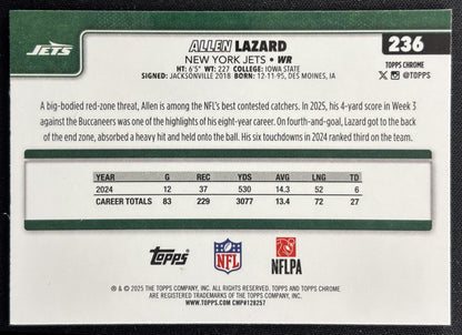 Allen Lazard 2025 Topps Chrome Pulsar Refractor Jets Sports Trading Cards