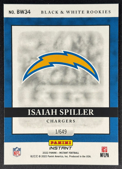 Isaiah Spiller 2022 Instant Black & White Rookies Chargers Sports Trading Card