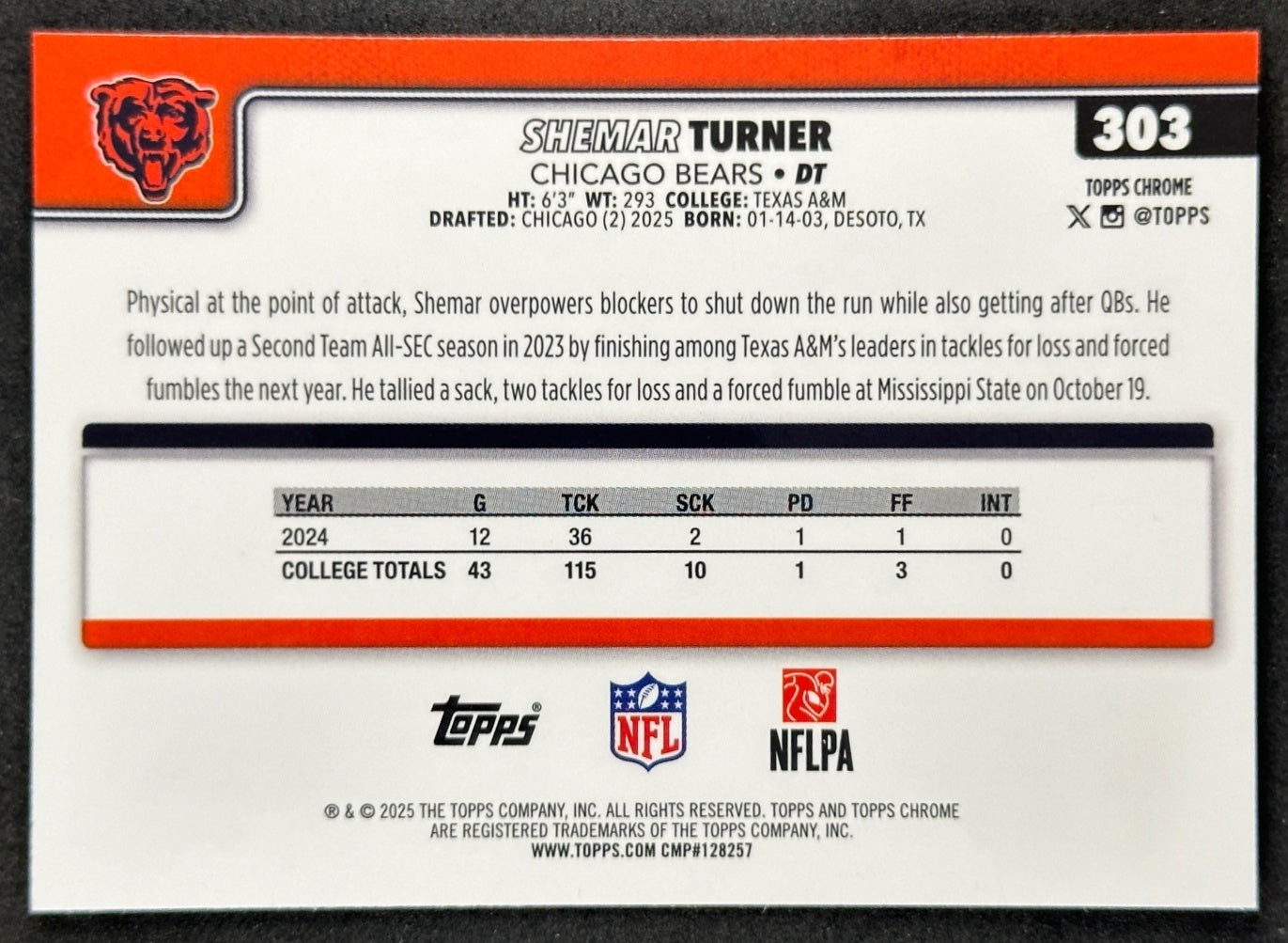 Shemar Turner 2025 Topps Chrome Rookie Pulsar Refractor Bears Sports Trading Cards