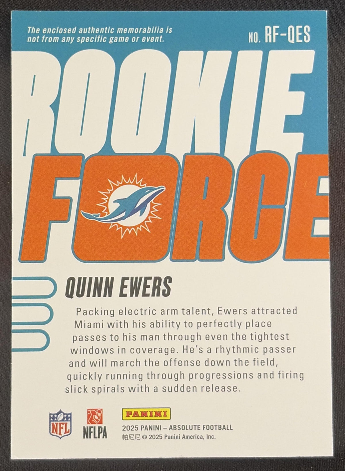 Quinn Ewers 2025 Panini Absolute Rookie Force Dolphins