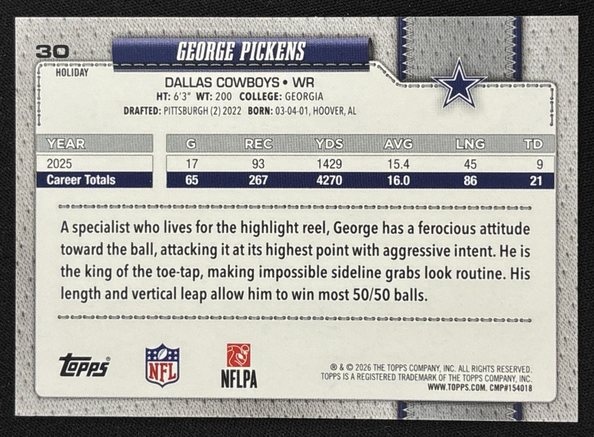 George Pickens 2026 Topps Holiday Glitter Cowboys | Dallas Cowboys
