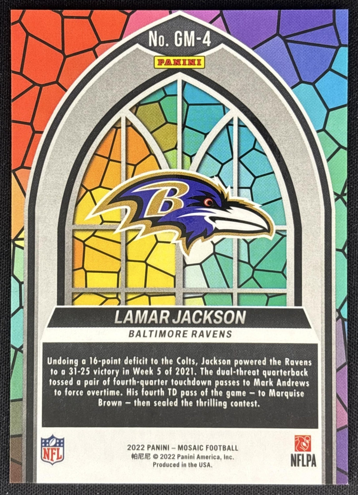 Lamar Jackson 2022 Panini Mosaic Glass Mosaic Ravens back