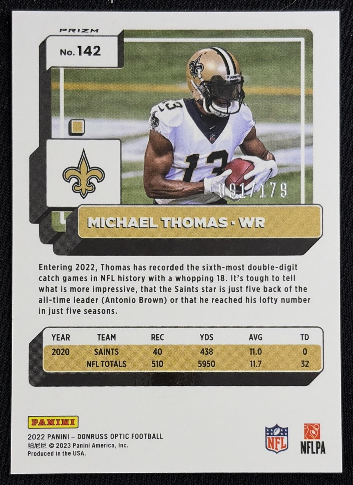 Michael Thomas 2022 Panini Donruss Optic Blue /179 Saints - back