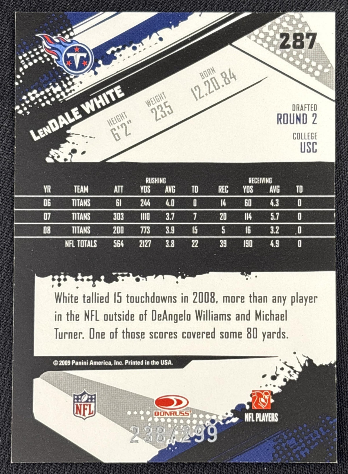 LenDale White 2009 Panini Score Scorecard /299 Titans