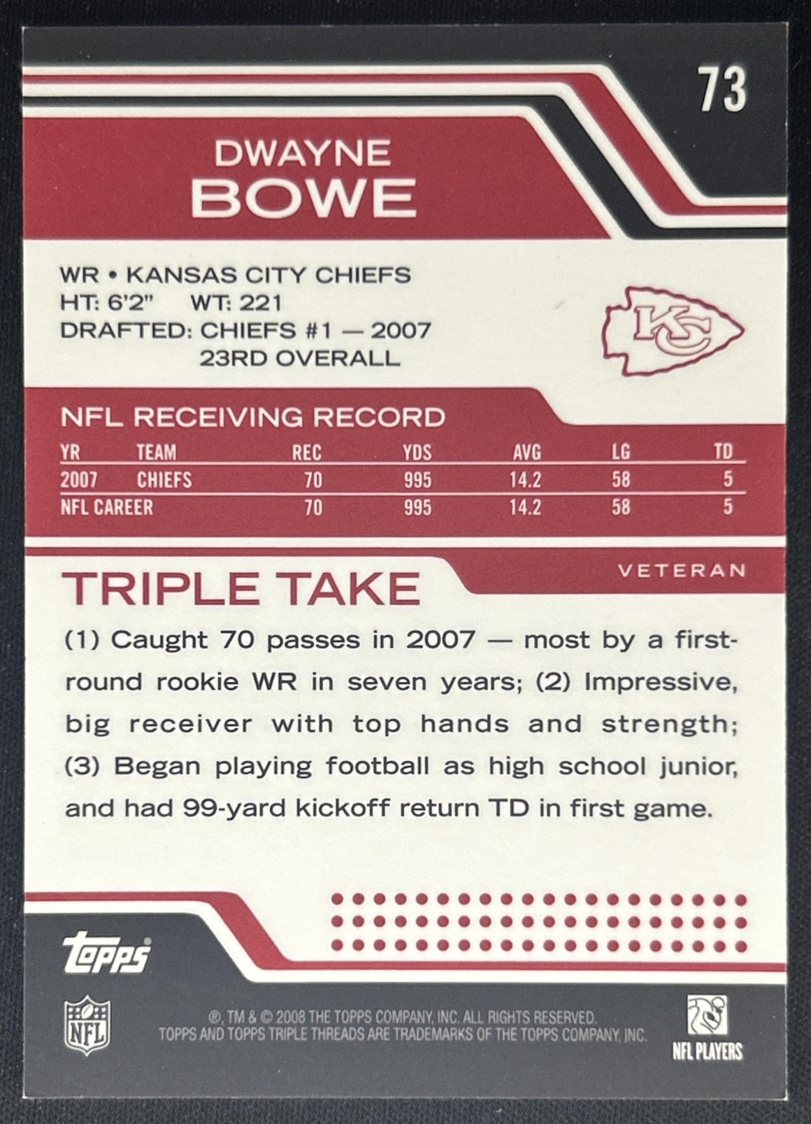 Dwayne Bowe 2008 Topps Triple Threads /779 Chiefs back