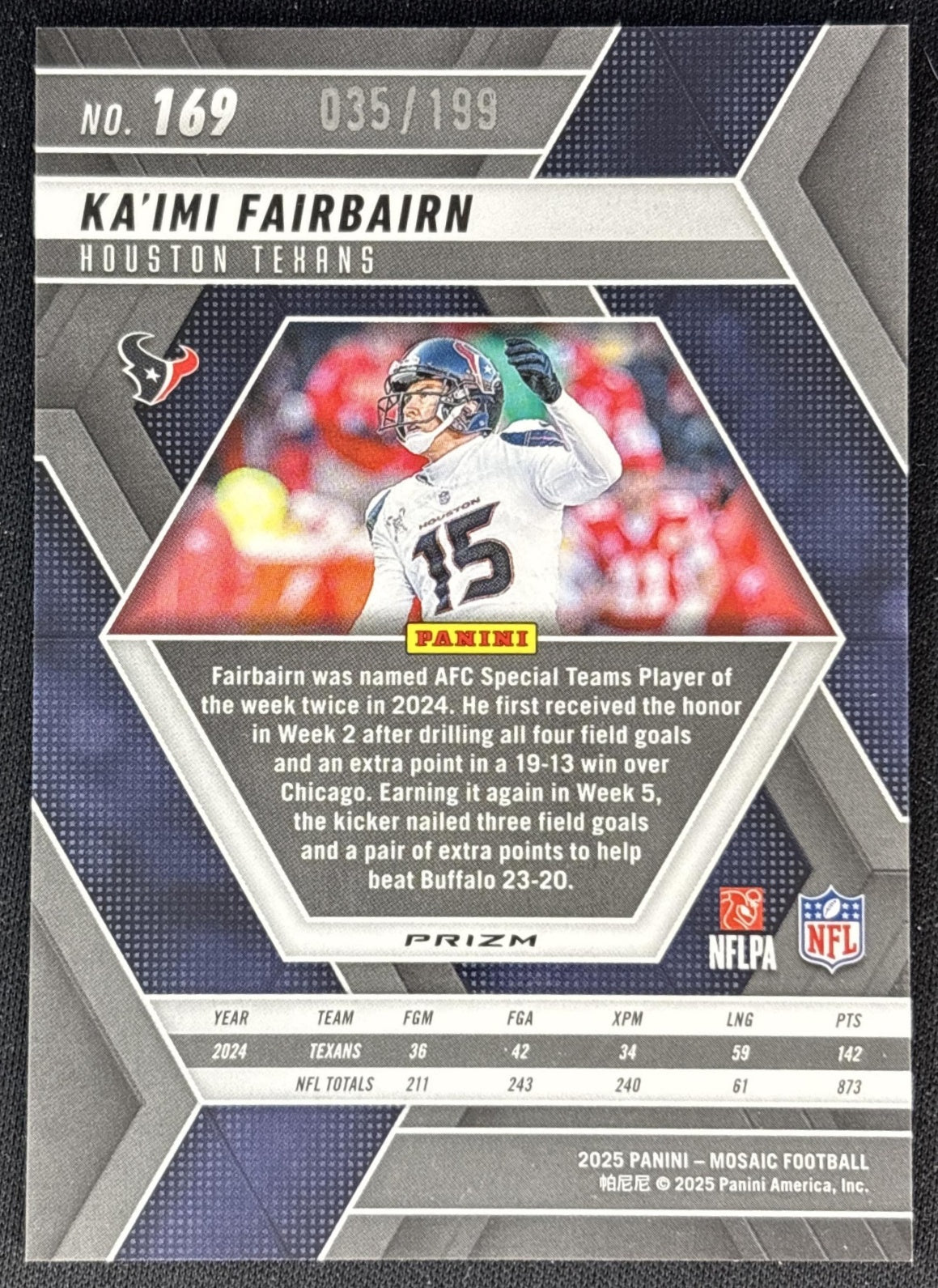 Ka'imi Fairbairn 2025 Panini Mosaic Orange Prizm /199 Texans back