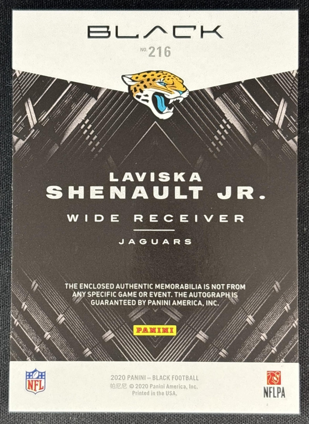 Laviska Shenault Jr. 2020 Panini Black Rookie Signature Materials /99 Jaguars back
