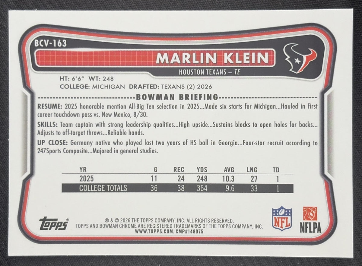 Marlin Klein 2026 Bowman Chrome NFL Speckle Refractor Texans