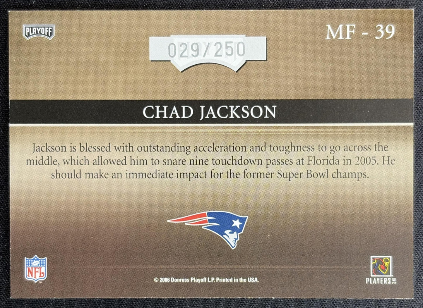 Chad Jackson 2006 Absolute Memorabilia Marks of Fame Spectrum /250 Patriots back