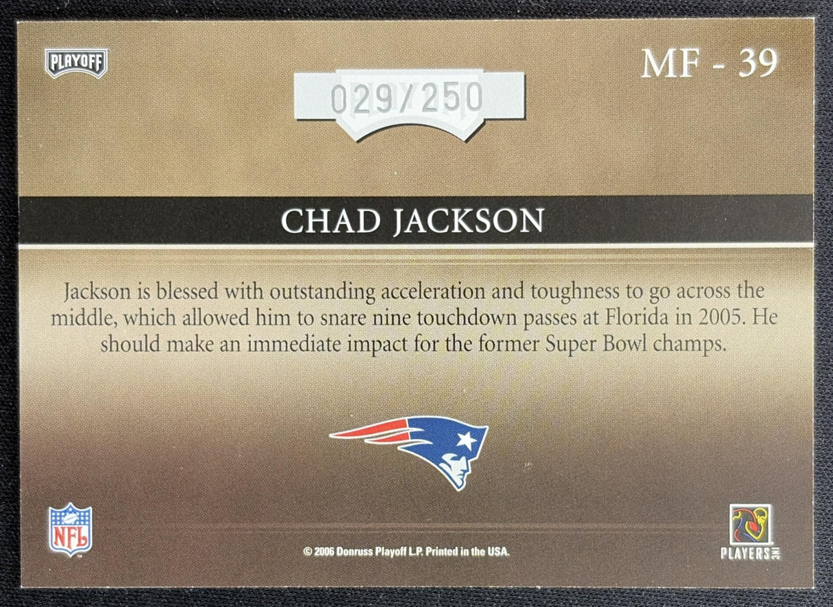 Chad Jackson 2006 Absolute Memorabilia Marks of Fame Spectrum /250 Patriots back
