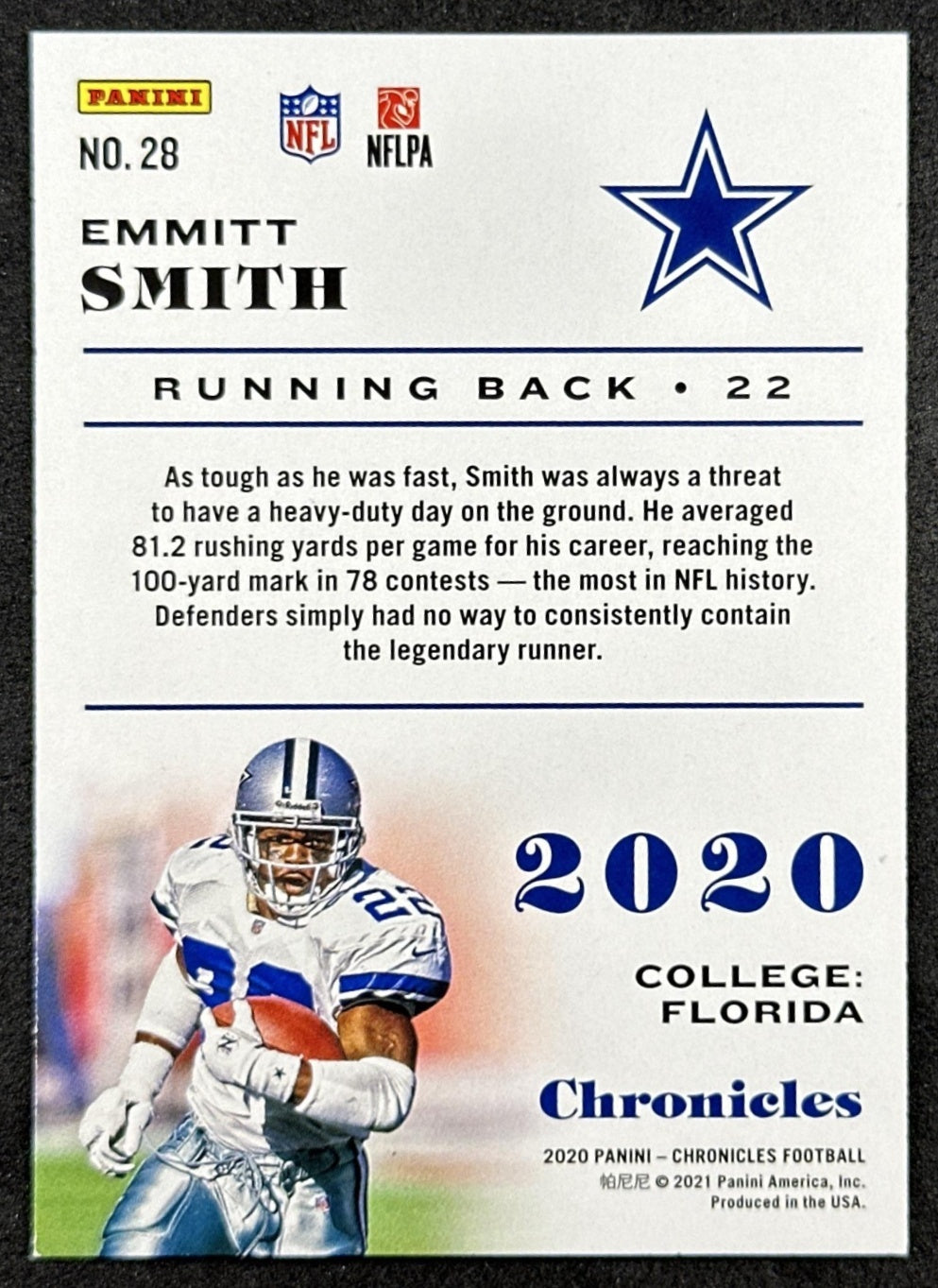 Emmitt Smith 2020 Panini Chronicles Cowboys back sports trading card